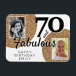 Imán 70 y Fabulous Gold Purpurina 2 Photo 70th Birthday<br><div class="desc">70 y Fabulous Gold Purpurina 2 Photo 70th Birthday Magnet. El diseño tiene un falso purpurina de oro y dos fotos. Añade tus fotos - puedes usar una foto antigua y nueva. Añade tu nombre,  edad y texto dentro o borra.</div>