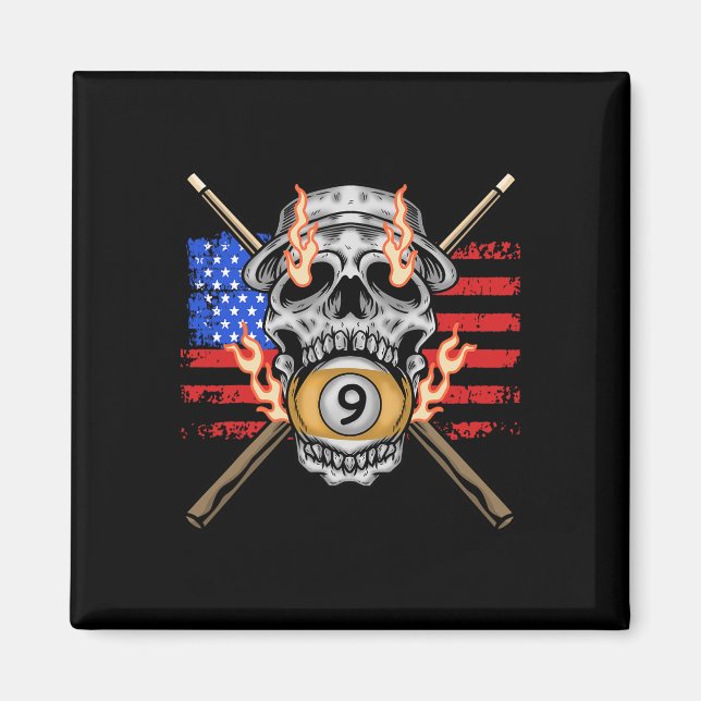 Imán 9 Ball Billiard Pool Player American Flag Skull Bi (Frente)