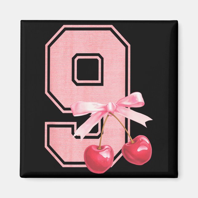 Imán 9th Birthday Girl Cherry Coquette Bow 9 Year Old G (Frente)