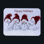 Imán A quartet of snowmen<br><div class="desc">Four snowmen wearing red hats on a background of snow
100% Customization. Click on the CUSTOMIZE button to add,  move,  delete,  resize or change any of the fonts or graphics.</div>