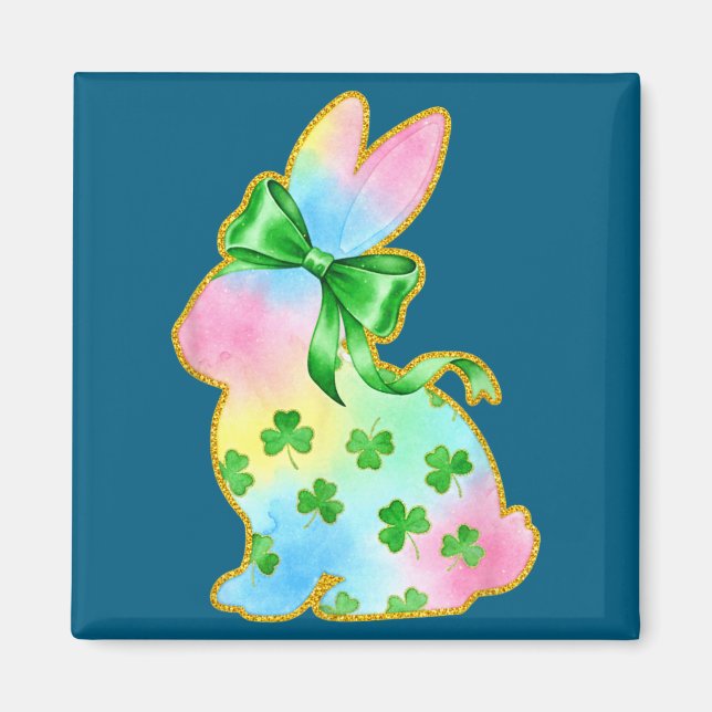 Imán A Rainbow Rabbit With Green Bow And Shamrock St Pa (Frente)