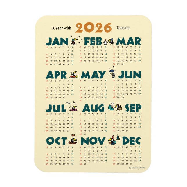 Imán A Year with Toucans: Calendar 2026 マグネットカード (Vertical)