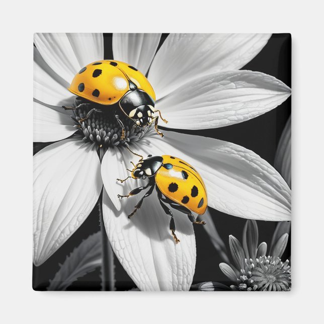 Imán Abeja Amarillo De Ladybugs Sobre Flor Blanca Negra (Frente)