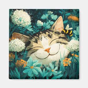 Imán Abeja de acuarela gato durmiendo flor jardín