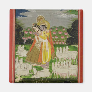 Imán Abrazo de Radha y de Krishna en un landscap