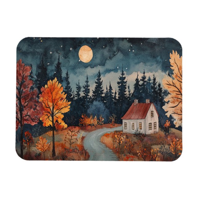 Imán Acogedora cabaña nocturna de otoño | Decoración de (Horizontal)