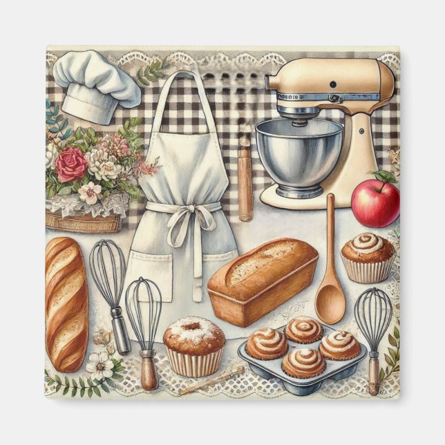Imán Acogedora escena de horneado casero con Apron (Frente)