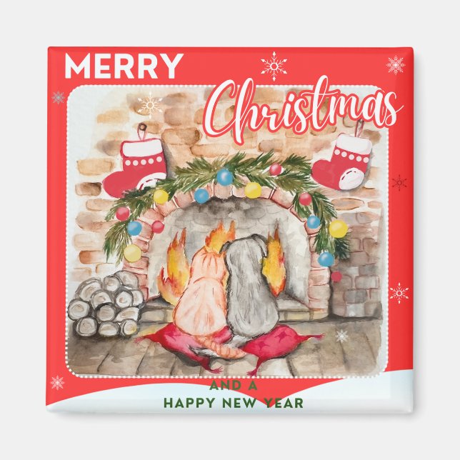 Imán Acogedores Navidades mantel con perro y gato (Frente)