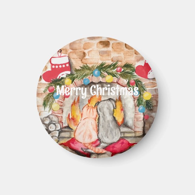 Imán Acogedores Navidades mantel con perro y gato (Frente)