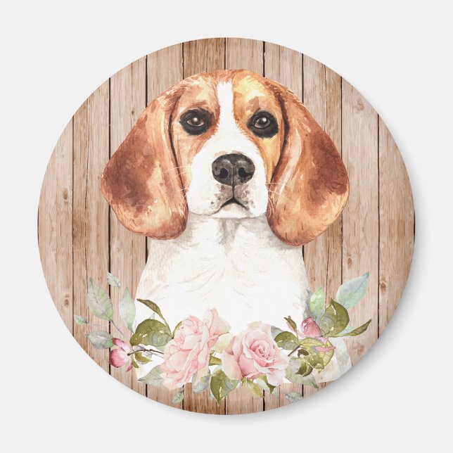 Imán Acuarela Beagle y Flores  (Frente)