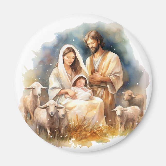 Imán Acuarela Bebé Jesucristo con María y José (Frente)
