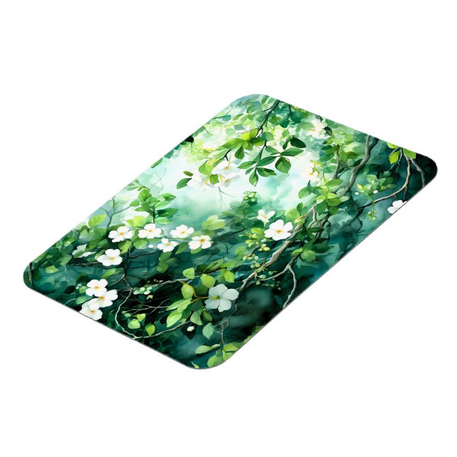 Imán Acuarela botánica flores blancas hojas verdes (Lado Izquierdo)