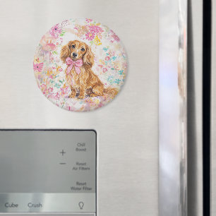 Imán Acuarela Dachshund Pelo Largo Floral Pastel