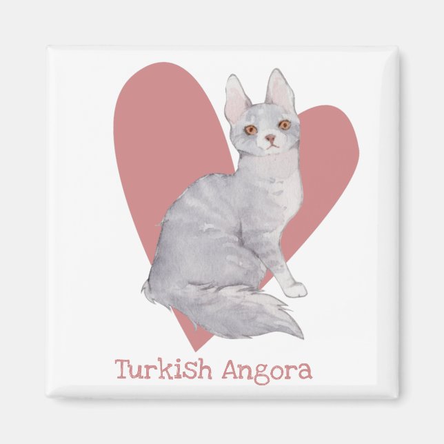 Imán Acuarela de gato angora turca Corazón rosa gitano (Frente)