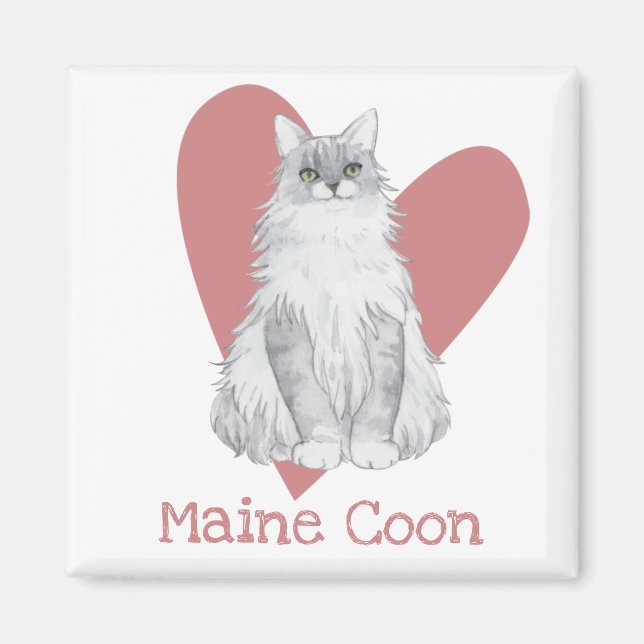 Imán Acuarela de gato de Maine Coon Corazón rosa Kitty (Frente)