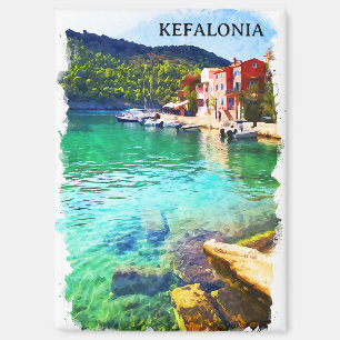 Imán acuarela de Guay Vista costera de Kefalonia Grecia