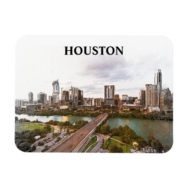 Imán Acuarela de la Ciudad de Viajes de Houston Texas (Horizontal)