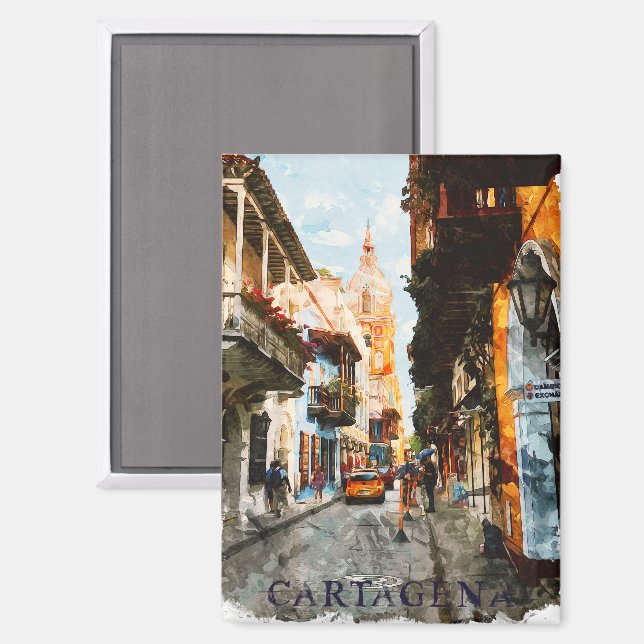 Imán Acuarela de las calles de Cartagena Colombia (Anverso/Reverso)