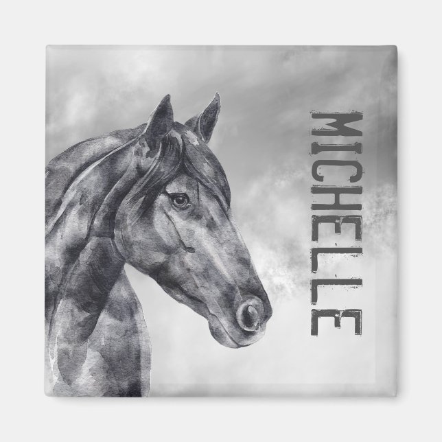 Imán acuarela de nombre de caballo blanco negro mo (Frente)