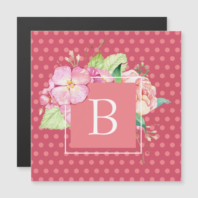 Imán acuarela de puntos rosados femeninos monogram (Anverso/Reverso)
