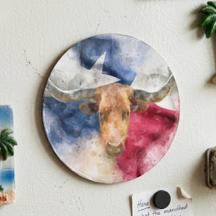 Imán Acuarela de Texas Longhorn con mapa artístico de b