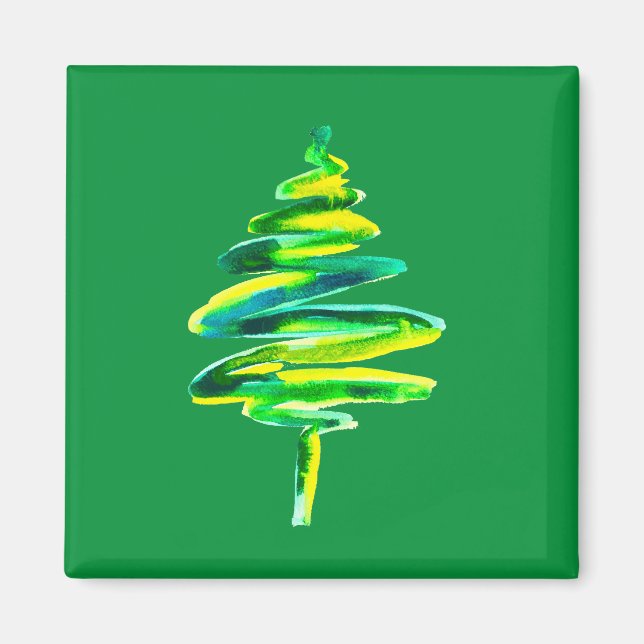 Imán acuarela del árbol de Navidad verde (Frente)