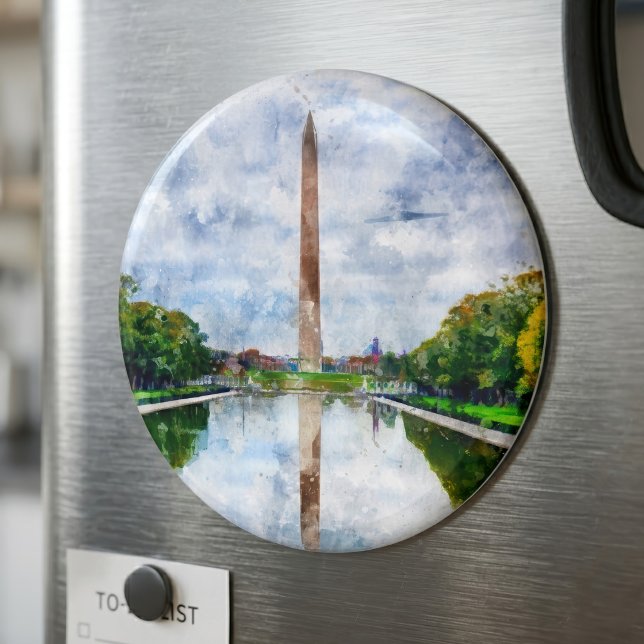 Imán Acuarela del Monumento a Washington con reflejo (Washington Monument Watercolor with Reflection. Magnet )