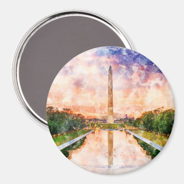 Imán acuarela del Monumento de Washington al atardecer (Anverso/Reverso)