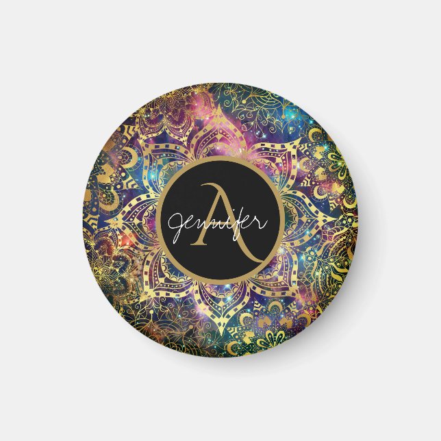 Imán Acuarela dorada y mandala floral nebulosa (Frente)