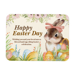 Imán Acuarela Feliz Día de Pascua Conejo Floral con Laz