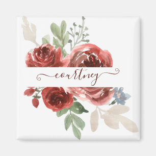 Imán Acuarela floral personalizada de rojo intenso 