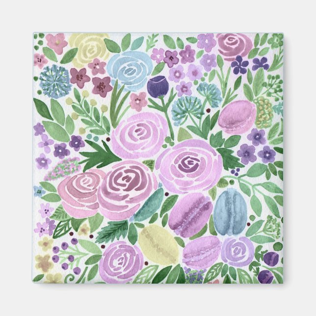 Imán Acuarela, flores y macarons (Frente)