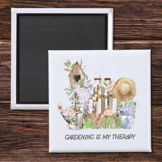 Imán Acuarela Herramientas de jardinería floral y presu (Close up on wood)