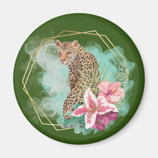 Imán Acuarela Leopardo y Marco Tropical   (Frente)
