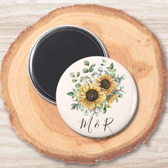 Imán Acuarela Monogramada Vintage Rustic Sunflower (Close up on wood)