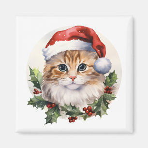 Imán Acuarela Navidades Cuidados Gato En Santa Hat