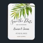 Imán Acuarela Palm tropical Guardar Boda de fecha<br><div class="desc">Boda tropical botánica Salve el imán Date que cuenta con una hoja de palmera verde acuarela y elegantes acentos de caligrafía. Personalice sus nombres,  fecha de boda y ubicación.</div>