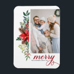 Imán Acuarela Poinsettia Botánica Feliz Navidad<br><div class="desc">¡Feliz y luminoso! Celebra a los Navidades con este imán fotográfico de Navidades acuarelas. Cuenta con un garaje floral acuático de poinsettias rojas,  pinecones,  bayas y vegetación. Personalice agregando fotos,  nombres y mensajes. Este imán de fotos para Navidades botánicos está disponible en otros cardstock.</div>