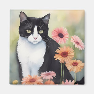 Imán Acuarela Tuxedo Cat Con Flores Gerbera Daisy