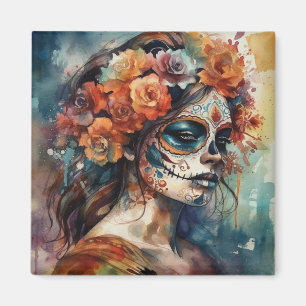 Imán Acuarela vibrante Dia de los Muertos Catrina