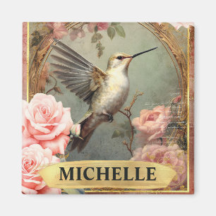 Imán Acuarela Vintage Colibrí Blanco y Rosas Rosadas