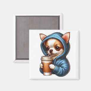 Imán Adorable Chihuahua bebiendo café de la Copa