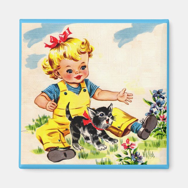 Imán adorable niñita con adorable gatito (Frente)