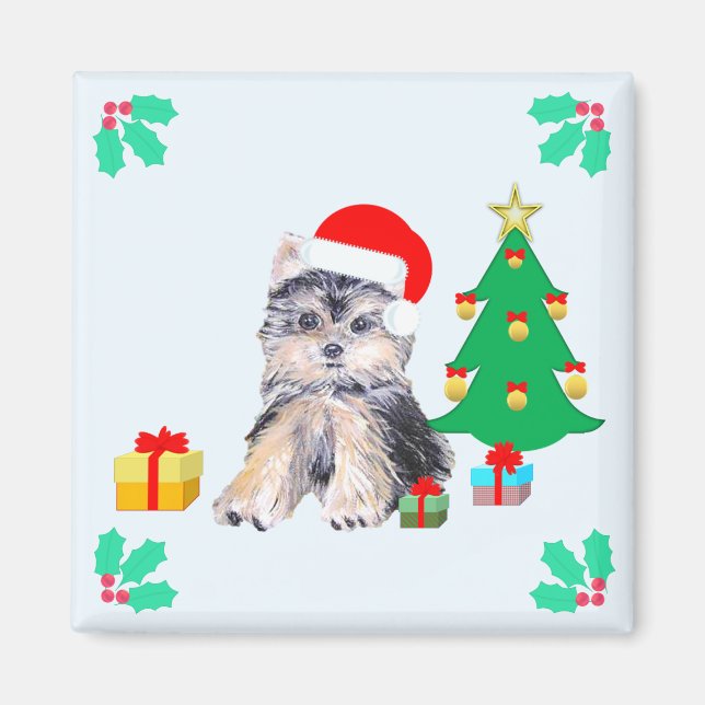 Imán Adorable perro de Yorkshire en Navidad (Frente)