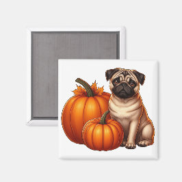 Imán Adorable Pug Sentado Junto a Calabazas y Hojas