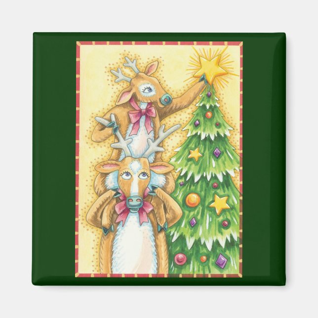 Imán Adorable Reno de Navidad con Estrella de Árbol de  (Frente)