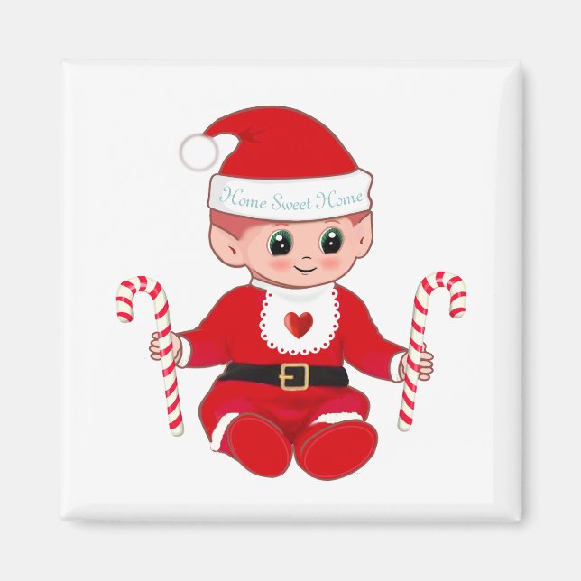 Imán Adorable Santa bebé elfo de Navidad y bastones de  (Frente)