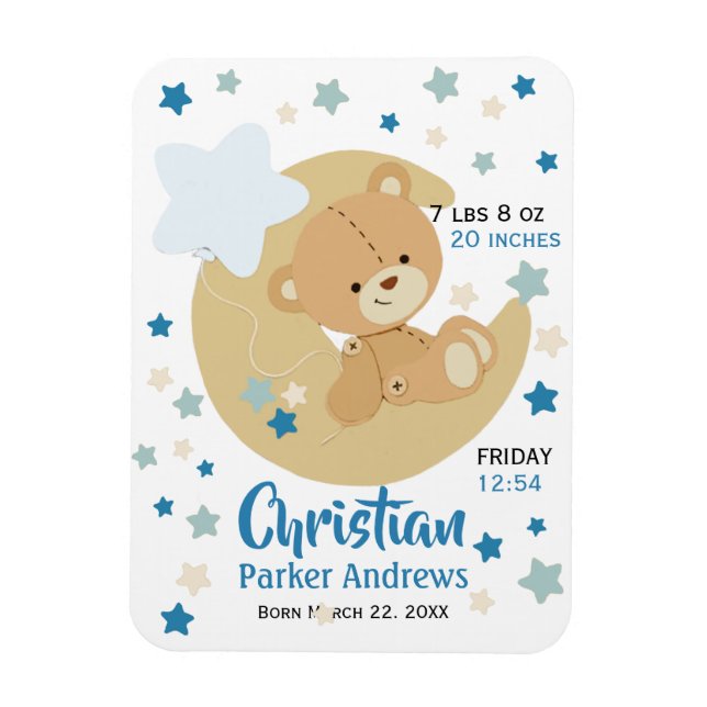 Imán Adorable Teddy Bear Baby Boy Estadísticas de Nacim (Vertical)