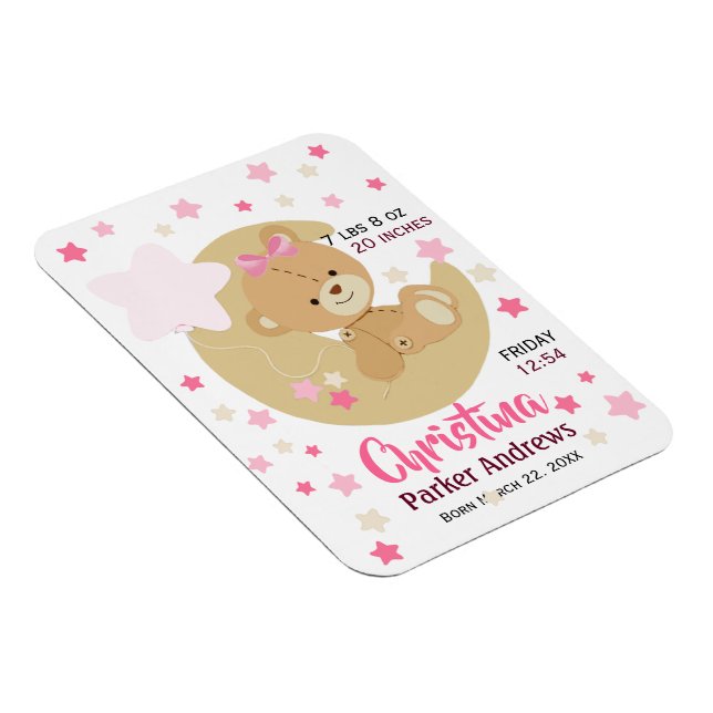 Imán Adorable Teddy Bear Baby Girl Estadísticas De Naci (Lado Derecho)