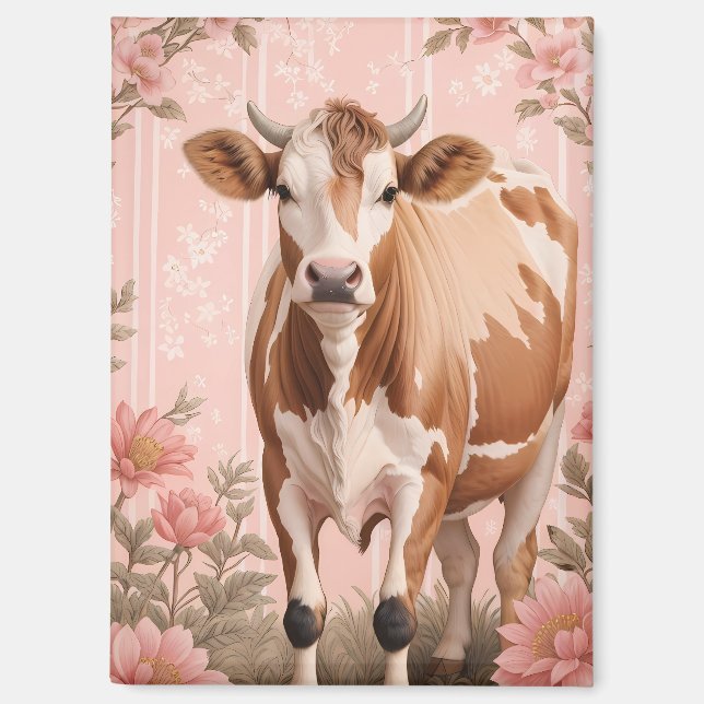 Imán Adorable Vaca Jersey Floral Rosa (Anverso)